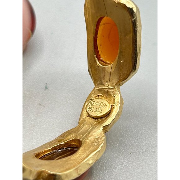 Signed Kenneth Lane Clip On Hoops Earrings Flawed Faux Carnelian Cabochons - Picture 8 of 9